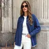 Camisa de Mezclilla de Manga Larga Transfronteriza Europea y Americana con Cuello de Solapa, Doble Bolsillo en el Pecho, Bordes Deshilachados, Corte Holgado, Estilo Chaqueta Camisa de Hombro Caído para Mujer