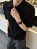 Polo de Punto de Manga Corta Estilo Retro Americano para Hombre Verano de Alta Gama Atractivo Camiseta Rayas Verticales Solapa Mangas de Tres Cuartos