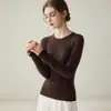 Suéter de punto de alta calidad para mujer, ajuste ceñido, cuello redondo, imitación 100% lana pura, manga larga, camiseta básica, top versátil de color sólido para otoño e invierno
