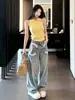 Chaoli tiene en stock Pantalones de Mezclilla Bordados de Cintura Alta con Borde Festoneado para Mujer Verano Desgastados Sueltos Adelgazantes Casuales de Pierna Ancha Largos hasta el Suelo