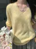 Suéter de punto de cuello en V para mujer, de cachemir cepillado de peso pesado, 28 hilos, lana, seda de morera, suéter pullover de color sólido para otoño/invierno 26