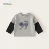 Youbao Huzhou Zhili roupas infantis, camiseta infantil, falso duas peças, blusa de manga comprida para bebês, estampa fofa, roupa de outono para meninos