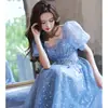 Vestido de Noite Feminino Sensação de Alto Padrão Banquete Elegante Luxo Leve Nicho Alto Padrão Teste de Arte Vocal Vestido de Apresentador Azul Longo