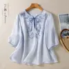 Camisa de algodón y lino estilo chino con bordado pesado y cuello en V para mujer, blusa ligera y transpirable de verano, top de lino elegante y rejuvenecedor