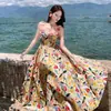 Vestido Vintage de Alça Fina com Gola Quadrada e Estampa de Pintura a Óleo com Design Floral Tridimensional, Vestido Patchwork de Cintura Alta Estilo Francês com Padrões Vibrantes de Pintura a Óleo