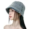 Sombrero de Pescador de Mezclilla Lavada Vintage Desgastada para Mujer, Primavera y Verano, Circunferencia de Cabeza Grande, Sombrero de Cubo Adelgazante, Sombrero de Cubo Protector Solar
