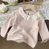 Camiseta de manga longa com estampa floral e gola franzida estilo coreano para bebê menina outono, top de camiseta de manga longa com gola dobrável para criança pequena