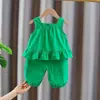 Conjunto de dos piezas para niña, moderno y a la moda, chaleco de algodón y shorts de verano de alta gama para niños, ropa de verano súper linda