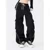 Calça Jogger Preta com Cordão Perna Larga Solta Casual Workwear Bolso com Aba Calça de Moletom Feminina Tendência Primavera Hip-Hop Comprimento Total
