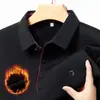 Transmissão ao vivo transfronteiriça de camisa masculina de fleece forrada para meia-idade inverno gola lapela cor sólida pai aquecida segunda pele polo masculino
