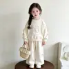 Conjunto de Sudadera con Estampado de Gato para Niñas, Nuevo Conjunto de Dos Piezas Estilo Coreano con Lazo y Pantalones de Pierna Ancha, Atuendo Elegante de Primavera para Niñas