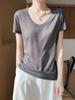 Camiseta de lã simples primavera e verão, emagrecimento, gola grande, ombro básico, manga curta, blusa de malha, decote em U, para todos os estilos