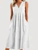 Ropa de Mujer Nueva Transfronteriza Europea y Americana Primavera y Verano Casual Holgada Moda Retro Algodón y Lino Sin Mangas Cuello en V Vestido con Bolsillo