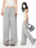 Pantalones casuales de estilo retro americano con detalles de botones, cintura elástica, corte holgado, piernas anchas y diseño versátil