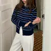 Nuevo cárdigan de punto a rayas de bloques de color estilo coreano para otoño e invierno para mujer, chaqueta suéter ajustada y favorecedora para niñas