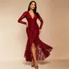 Comércio eletrónico transfronteiras: Novo vestido de noite feminino estilo europeu e americano, decote V sexy em renda, com babados, fenda e cauda de sereia