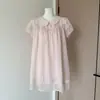Vestido Rosa Burbuja Tencel Cuello de Muñeca Encaje Femenino Top Rosa Corte Holgado Directo de Fábrica Color Sólido