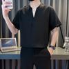 Fw701 2024 Versión Coreana Transmisión en Vivo Cuello en V Color Sólido Texturizado Caída Casual Camisa de Manga Corta Top Elegante para Hombres