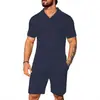 Verano Nuevo Estilo Transfronterizo Conjunto de Punto Casual para Hombre Camisa Polo Manga Corta Pantalones Cortos Cuadros Color Sólido Rayas