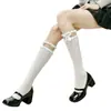 Meias Lolita Rendadas Onduladas de Cano Médio para Primavera e Verão com Patchwork de Renda e Laço Meias JK Branco Desejo Puro Meias Versáteis para Panturrilha