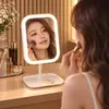 Espejo de maquillaje LED de escritorio para mujer, espejo pequeño regulable, soporte de escritorio para dormitorio, espejo de belleza portátil de pie con base de almacenamiento