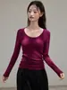 260g Youkesi Versátil, serve para todos, fleece fino escovado, camiseta base de gola redonda para mulheres, camiseta de manga comprida outono/inverno, top com ombro normal