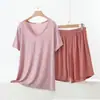Conjunto informal de dos piezas para mujer, camiseta de manga corta con cuello en V talla grande y shorts, conjunto de pijama de modal de verano