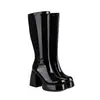 Botas de Cuero de Tacón Alto para Mujer Tallas 35-48, Punta Redonda, Piel Brillante, Estilo Europeo y Americano, Cremallera Lateral, Plataforma Impermeable, Tacón Cuadrado