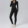 Chamarra de fitness de manga larga con cremallera y cuello alto con bolsillos, leggings de yoga sin costuras de cintura alta, conjunto de dos piezas para correr y fitness