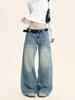 Calça Jeans Yongfang Retrô Americana para Homens e Mulheres, Design Desconstruído Dividido, Calça Casual Larga Versátil para Rua, Perna Larga Solta