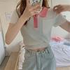 Estilo Transfronteiriço Estilo Verão Ajuste Slim Exterior Top Curto Cor Contrastante Gola Polo Tricô de Manga Curta para Mulheres