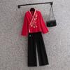 Conjunto de Pantalones y Traje Tang Cheongsam Bordado Dorado de Terciopelo Vintage con Cuello para Mujer de Primavera y Otoño Nuevo Estilo Chino Ropa de Trabajo para el Cuidado de la Salud para Mujer