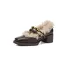 Design de Nicho Fivela de Metal Forrado com Lã Mary Jane 2025 Sola Grossa Salto Médio Grosso Bico Quadrado Acolchoado Flats Peludos Quentes para Mulheres