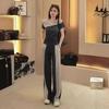 Traje Profesional para Viajero Combinable 2024 Verano Nuevo Moda Casual Combinación de Colores Camiseta de Manga Corta Pantalones de Pierna Ancha Conjunto de Dos Piezas
