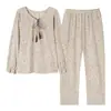 Pijama Feminino Novo Estilo com Cordão de Algodão, Conjunto Fashionável de Blusa de Manga Longa e Calça Longa, Doce e Fofo, Adequado para o Outono, Pode Ser Usado Fora de Casa, Conjunto de Loungewear