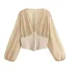 Moda Feminina 2026 Transfronteiriço Europeu e Americano Estilo Francês Color-Block Decote V Profundo Ajuste na Cintura Manga Bufante Top Curto