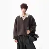 Fábrica de Origen Marca de Moda Ambiente Suéter Cálido para Pareja Camisa Americana Falsa de Dos Piezas Cuello de Solapa Suéter de Punto Hombre Invierno