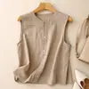 Colete de algodão e linho tamanho pequeno, um colete-camisa estiloso e de inspiração vintage para mulheres, perfeito para o verão, com modelagem solta e um visual jovem, e é sem mangas