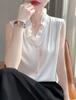 Camisa Blanca Estilo Francés para Mujer Diseño de Primavera y Verano Sentido del Diseño Estilo Extranjero Conocimiento Encaje de Oreja de Madera Cuello en V Sin Mangas Top