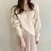 Colección de otoño/invierno transfronteriza de Amazon: suéter de punto de color liso, hombros descubiertos, con escote cruzado, estilo mujer