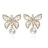 Pendientes de Mariposa de Perla para Boda de Novia Estilo Coreano Full Diamond Transfronterizos para Mujer con Exquisito Diseño Pendientes de Cadena con Garras de Pedrería Venta al por Mayor