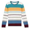 Camiseta base ligera, elegante y versátil para mujer, nueva para primavera y otoño, algodón puro, bloques de color, rayas de arcoíris, tejido jacquard, manga larga