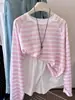 Camiseta de Manga Larga Rayas Azules con Mascarilla Protector Solar Ropa de Verano para Aire Acondicionado Ropa de Relajación para Mujer Top Holgado Blusa Delgada