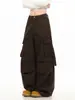 Pantalones Cargo Rectos Estilo Retro Americano Oreeta Unisex Estampado de Letras Street Hip-Hop Multibolsillos Pierna Ancha Casuales
