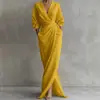 2026 Nuevo Vestido Largo Elegante de Color Sólido con Cuello en V, Manga Larga, Cintura Fruncida con Abertura y Bolsillo, Estilo Europeo y Americano, para Sitios Independientes de Amazon