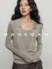 Com Jian HAVEGAN/Outono Decote V Profundo Manga Longa Estilo Old Money Falso Conjunto de Duas Peças Malha Camiseta Feminina Top Solto Preguiçoso