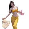 Bikini de tres piezas con estampado de flores divididas en nicho amarillo jengibre de Tailandia para vacaciones en la isla, traje de baño adelgazante de aguas termales para mujer
