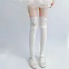 Calcetines Blancos Lolita de Encaje Multicapa Hasta la Rodilla Calcetines de Terciopelo Delgado de Verano para Muslo Alto con Lazo