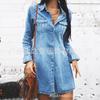 Vestido de Mezclilla de Stock de Comercio Exterior Transfronterizo Estilo Primavera y Otoño con Cintura Ajustada Diseño de Línea A, Vestido Camisa Delgado de Manga Larga para Mujer Estilo Europeo y Americano