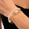 Pulsera Abierta de Tres Capas con Perlas Incrustadas de Diamantes Estilo Ins Europeo y Americano Versátil Lujo Accesible Joyería de Mano de Gama Alta para Mujeres